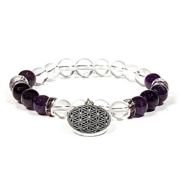 Armband Bergkristall/Amethyst+Blume des Lebens -- 8 mm