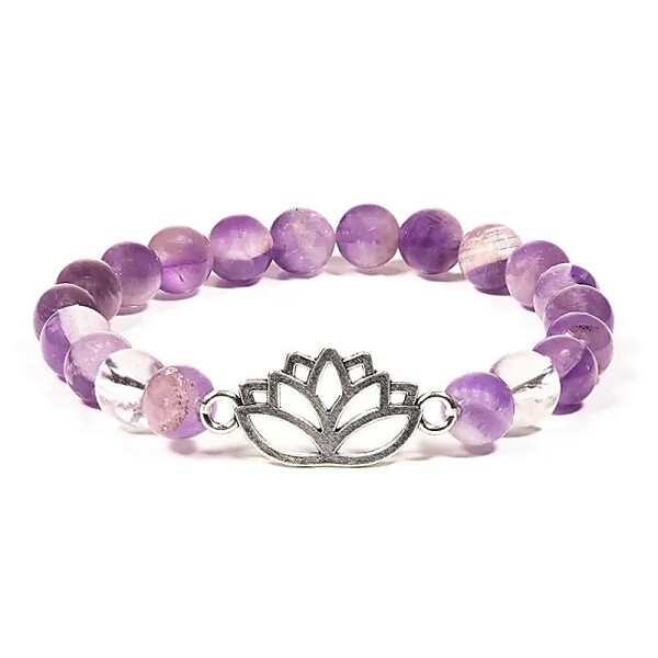 Armband Chevron-Amethyst/Bergkristall mit Lotus -- 8 mm