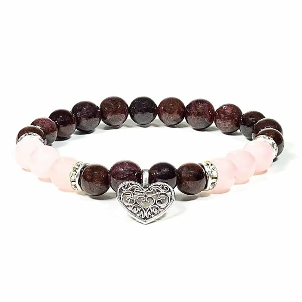 Armband Granat/Rosenquarz mit Herz -- 8mm