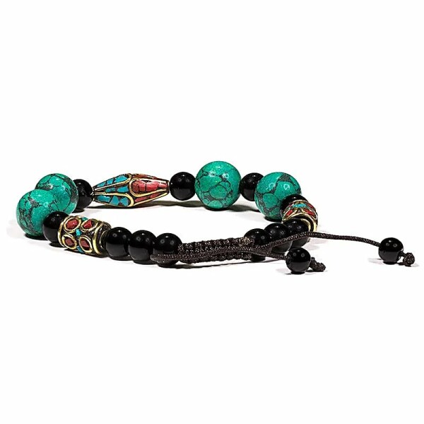 Armband Türkis, Koralle & schwarzer Achat verstellbar -- ±7cm