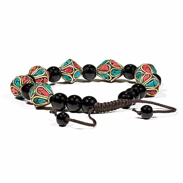 Armband Türkis, Koralle & schwarzer Achat verstellbar -- ±7cm