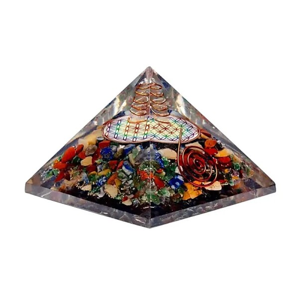Blume des Lebens Chakra Pyramide mit Kristallspitze -- 7x7x6cm