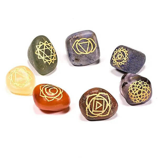 Chakra engraved tumbled stones SET of 7 -- 1.5-2.5 cm