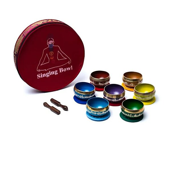 Chakra-Klangschalen-Set farbig mit Tasche -- ±1450g