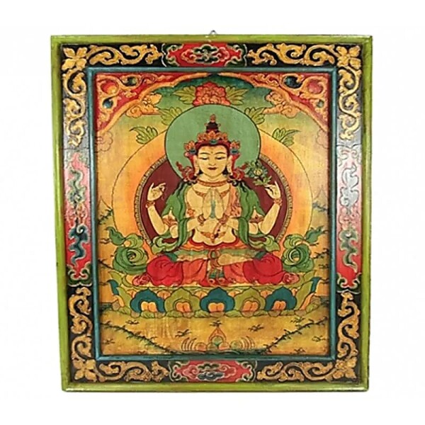 Chenrezig handbemalte Thangka Holztafel -- 66x52 cm