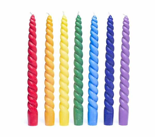 Gedrehte Tafelkerze duftlos Chakra SET mit 7 -- 23cm