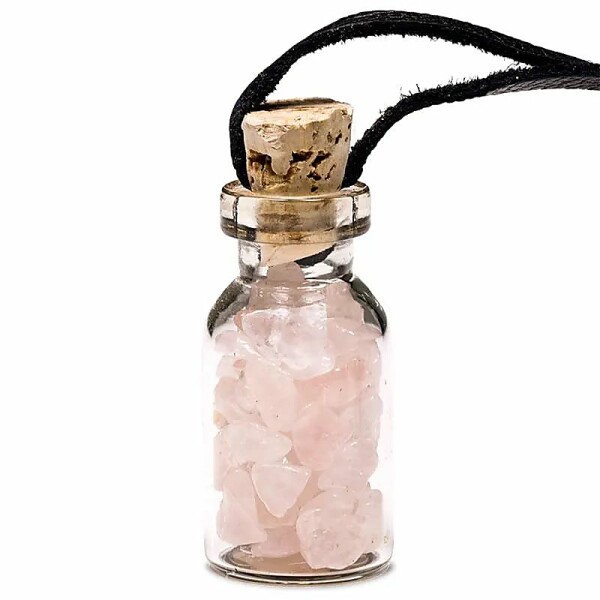 Geschenkflasche aus Glas mit Schnur Rosenquarz -- 3.6cm