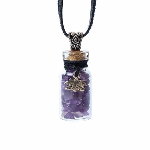 Geschenkflasche aus Glas und Kordel mit Amethyst und Lotos -- 3,6cm