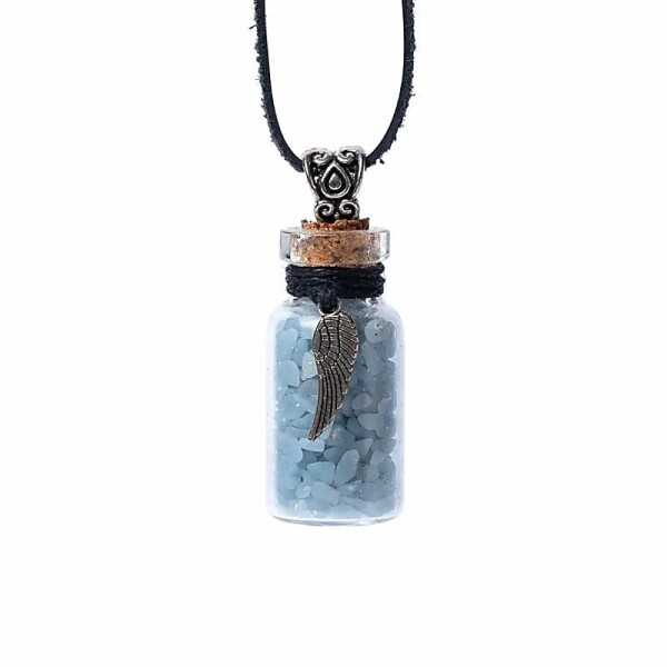 Geschenkflasche aus Glas und Kordel mit Angelit und Engelsflügel -- 3,6cm