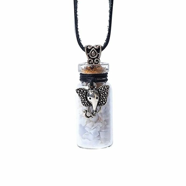 Geschenkflasche aus Glas und Kordel mit blauem Spitzenachat und Ganesha -- 3,6cm