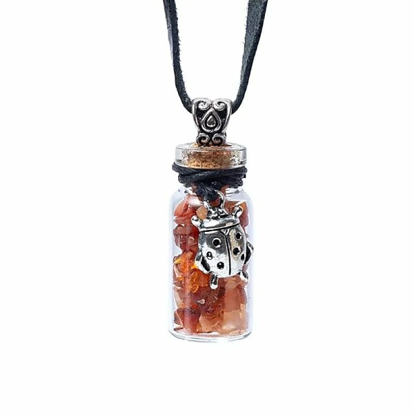 Geschenkflasche aus Glas und Kordel mit Karneol und Marienkäfer -- 3,6cm