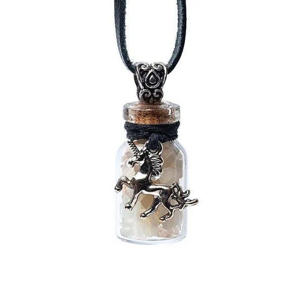 Geschenkflasche aus Glas und Kordel mit mehrfarbigem Mondstein und Einhorn -- 3,6cm