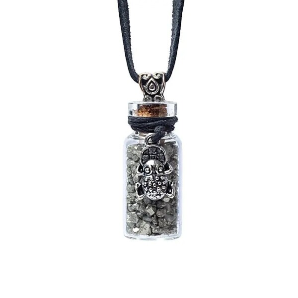 Geschenkflasche aus Glas und Kordel mit Pyrit und Feng Shui Frosch -- 3,6cm