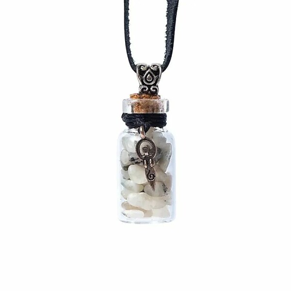 Geschenkflasche aus Glas und Kordel mit Regenbogen-Mondstein und Göttinnen-Symbol -- 3,6cm