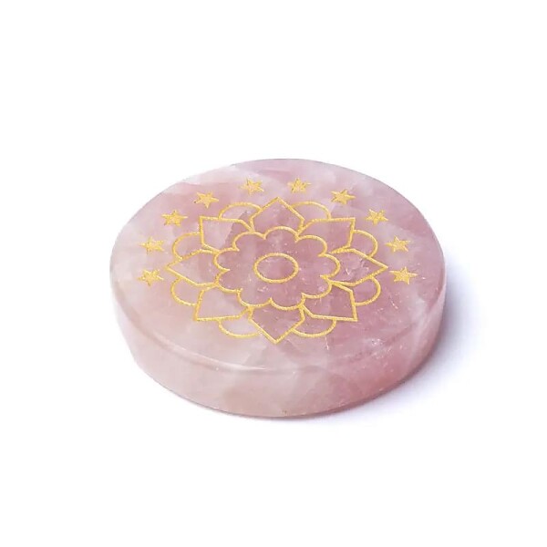 Gravierte Mineralienscheibe Rosenquarz Lotus -- ±5cm