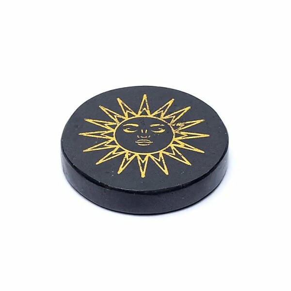 Gravierte Mineralscheibe schwarzer Turmalin Sonne -- ±5cm