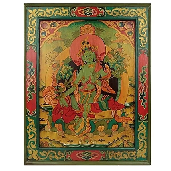 Grüne Tara handbemalte Thangka Holztafel -- 66x52 cm