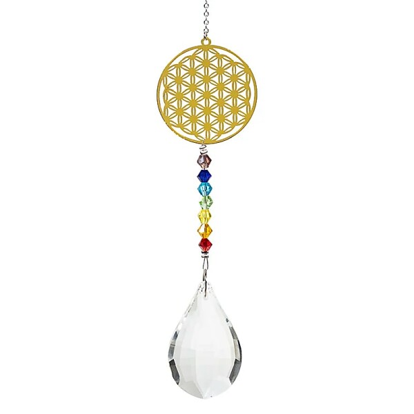 Kristalltropfen mit Chakrakette Blume des Lebens -- 29 cm