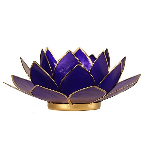 Lotus Teelichthalter indigo 6. Chakra goldfarbig -- 13.5 cm