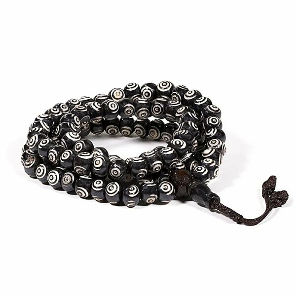 Mala aus Knochen schwarz und weiß 108 Perlen + Guru Perle -- 0,8 cm