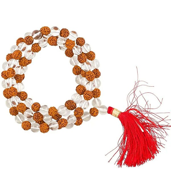 Mala Bergkristall/Rudraksha AA-Qualität + Tasche -- 0.8 cm