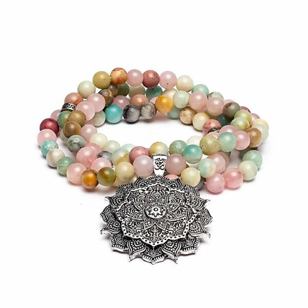 Mala Rosenquarz/ Amazonit/ Rhodonit + Lotus -- 0.8cm