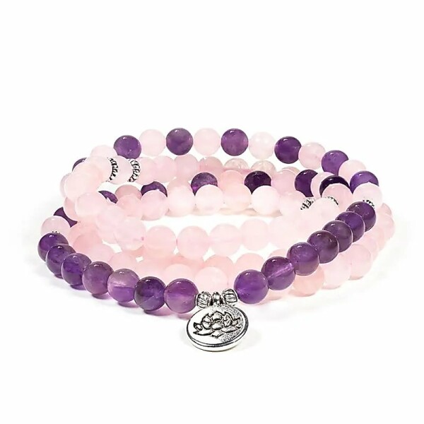 Mala Rosenquarz/Amethyst elastisch mit Lotus -- 0.8 cm