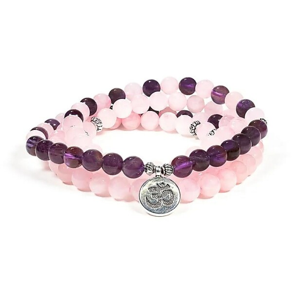 Mala Rosenquarz/Amethyst elastisch mit Om -- 0.8 cm