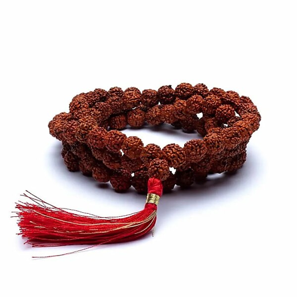 Mala Rudraksha 108 Perlen mit roter Quaste -- 0.8 cm