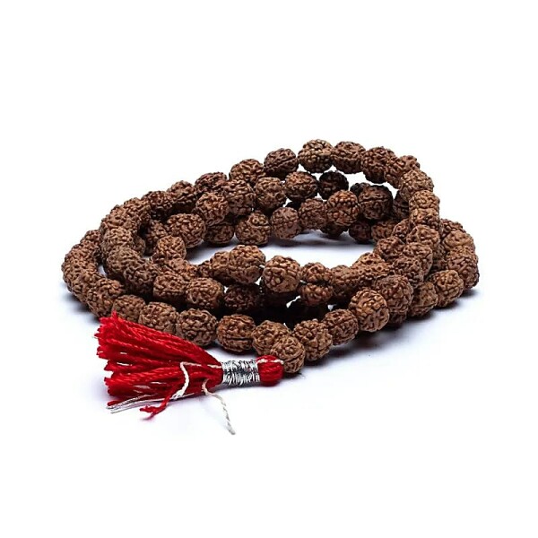 Mala Rudraksha 108 Perlen mit roter Quaste -- 1 cm