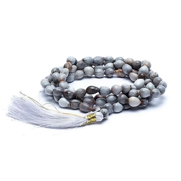 Mala Vaijayantisamen 108 Perlen weiße Quaste + Täschchen -- 0.6 cm