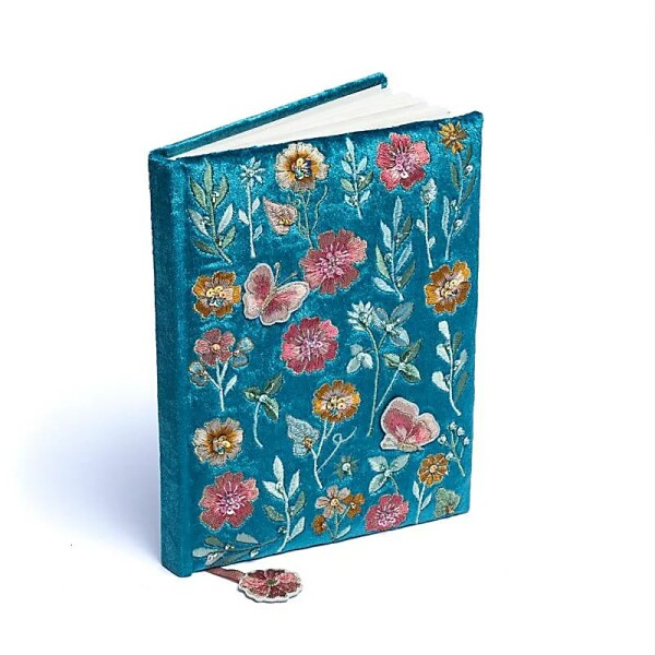 Notizbuch Samt blau mit Blumen -- 20x15 cm