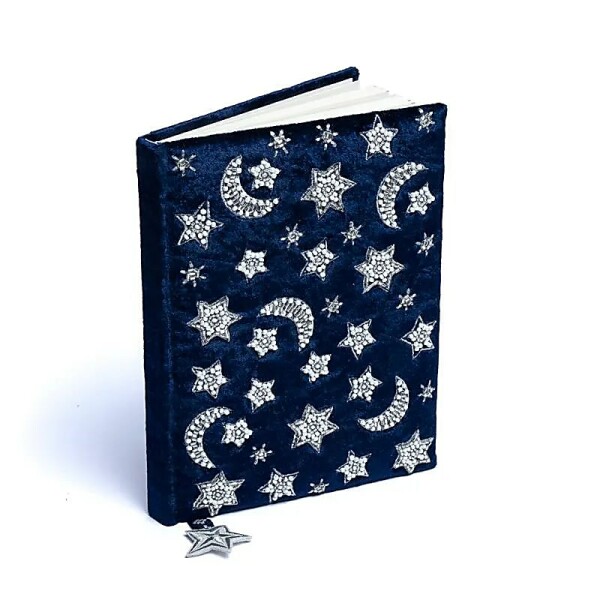 Notizbuch Samt dunkelblau mit Mond und Sternen -- 20x15 cm