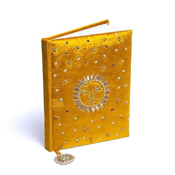 Notizbuch Samt gelb mit Sonne -- 20x15 cm