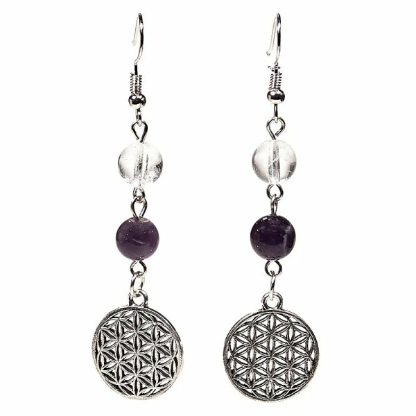 Ohrringe Bergkristall/Amethyst+Blume des Lebens -- 8mm