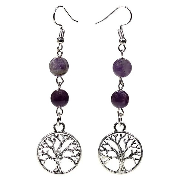 Ohrringe Fluorit/Amethyst mit Baum des Lebens -- 8 mm