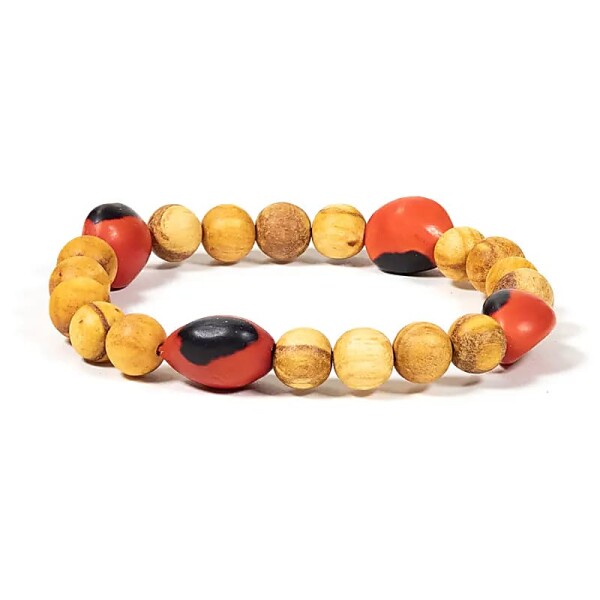 Palo Santo Armband mit 4 Huayruro Perlen elastisch -- 0.8 cm