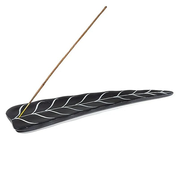Räucherstäbchenhalter Blatt Speckstein schwarz -- 25x6.5 cm