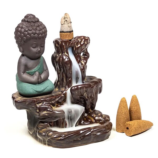Rückfluss Wasserfall Weihrauchbrenner Kleiner Buddha -- 12x9x7 cm