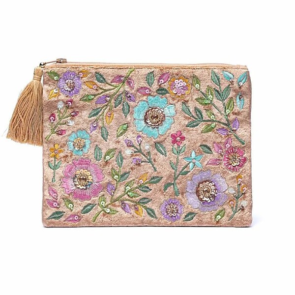 Samtbeutel mit Reißverschluss beige mit Blumen -- 20x15 cm
