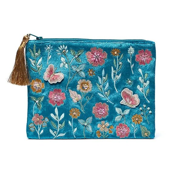 Samtbeutel mit Reißverschluss blau mit Blumen -- 20x15 cm