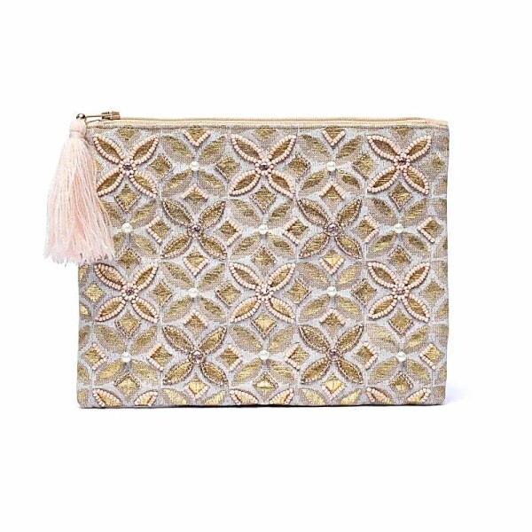 Samttasche mit Reißverschluss beige/gold mit Blume des Lebens -- 20x15 cm