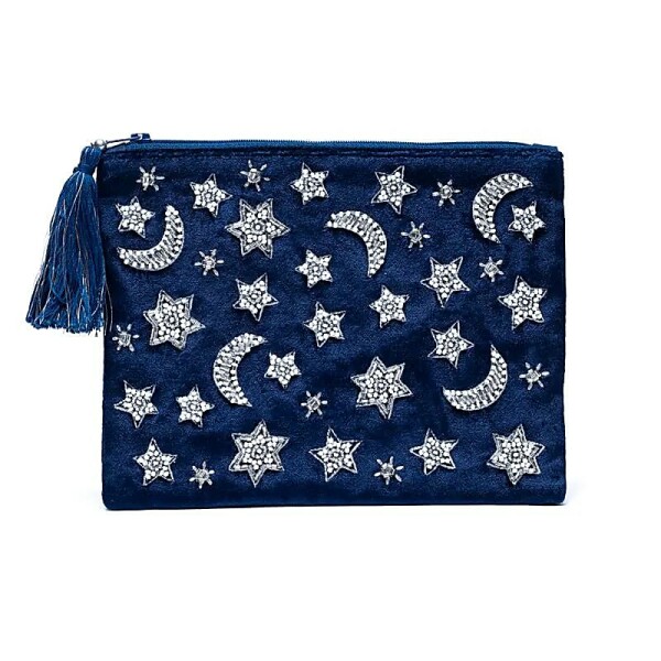 Samttasche mit Reißverschluss dunkelblau mit Mond und Sternen -- 20x15 cm