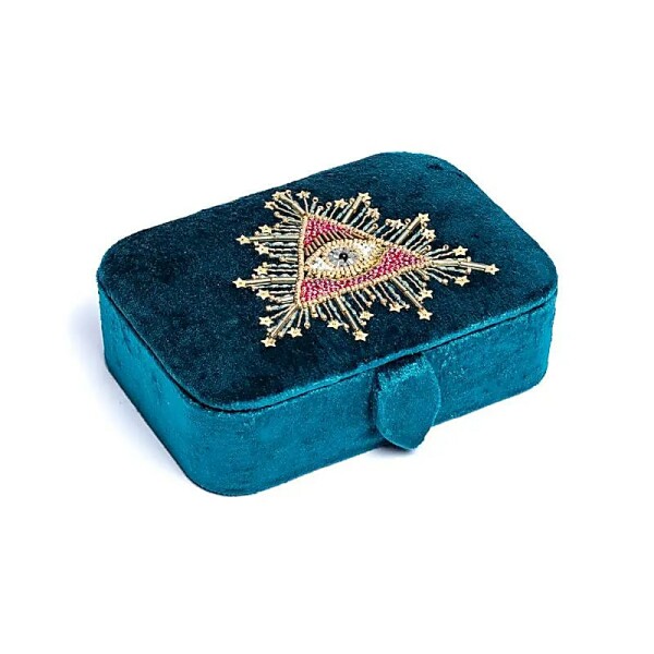 Schmuck- / Tarotkästchen Samt petrol mit Tarotauge -- 11x15,5x5 cm
