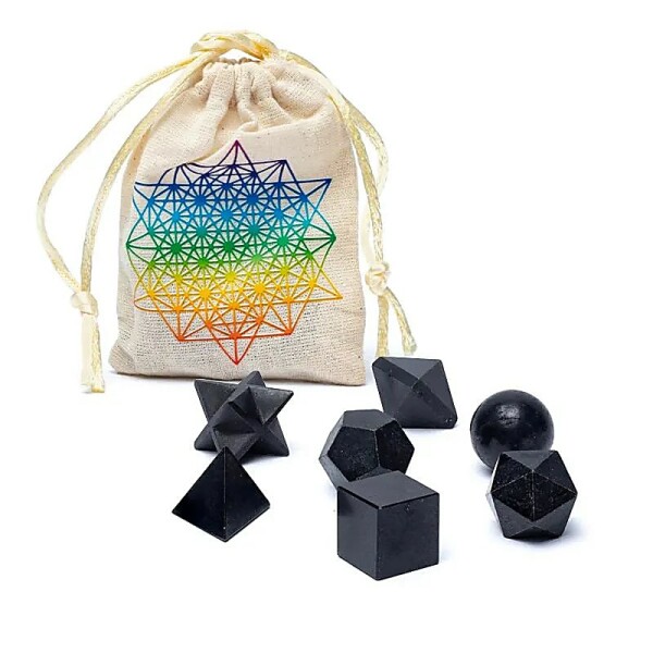 Schwarzer Turmalin Heilige Geometrie 7-teiliges Set -- ±6,7x9cm