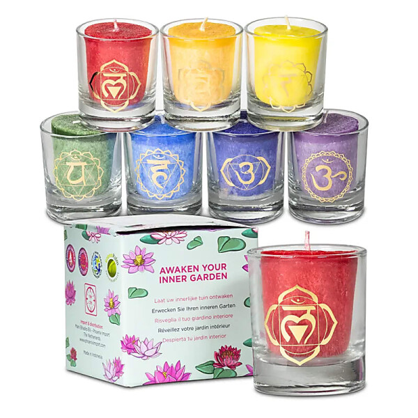 Set. 3x7 Votiv Chakra Duftkerzen in Geschenkbox -- 4620g