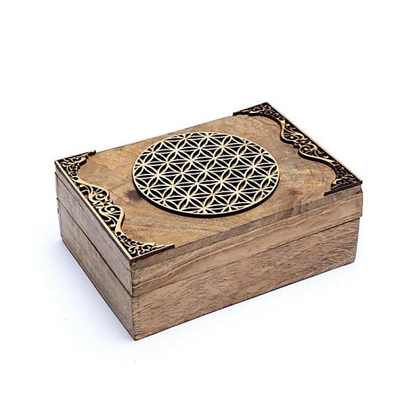 Tarotbox Blume des Lebens aus Mangoholz -- 18x12x7 cm