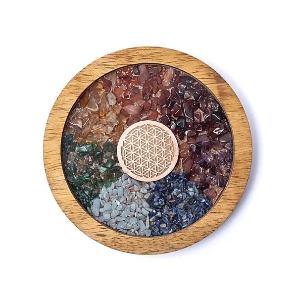 Untersetzer Holz Chakren & Blume des Lebens -- 10cm