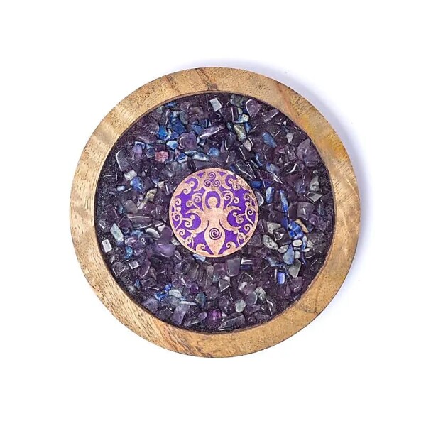 Untersetzer Holz Göttin, Amethyst & Lapislazuli -- 10cm