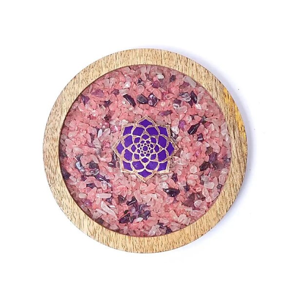 Untersetzer Holz Lotus, Rosenquarz & Amethyst -- 10cm